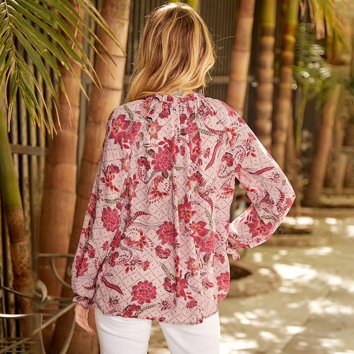 Pink Floral Print V Neck Blouse