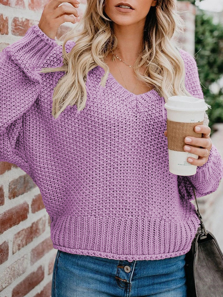 Loose Knit V-Neck Solid Color Pullover