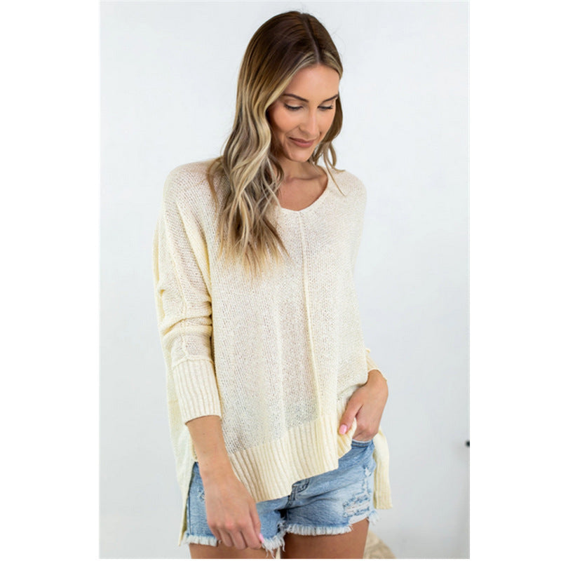 Casual V Neck Openwork Split Knit Sweater