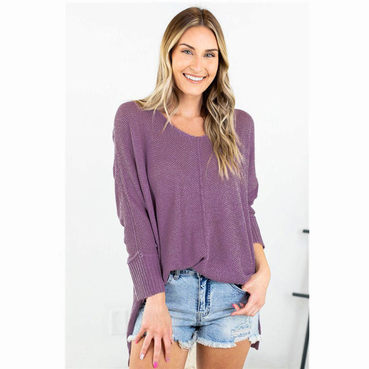 Casual V Neck Openwork Split Knit Sweater