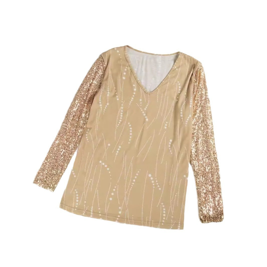 Milk Silk V-neck Sequins Pullover Top