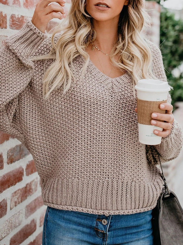 Loose Knit V-Neck Solid Color Pullover