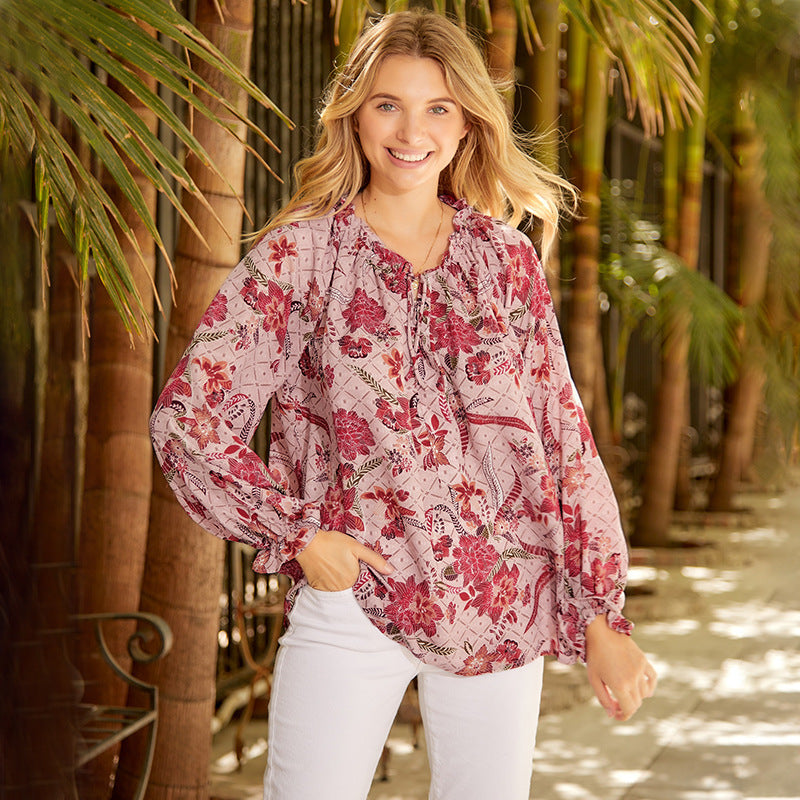 Pink Floral Print V Neck Blouse