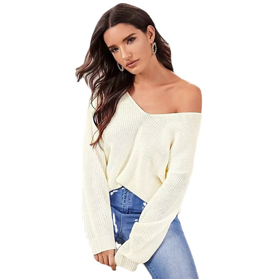 Solid Color V-neck Long Sleeve Pullover