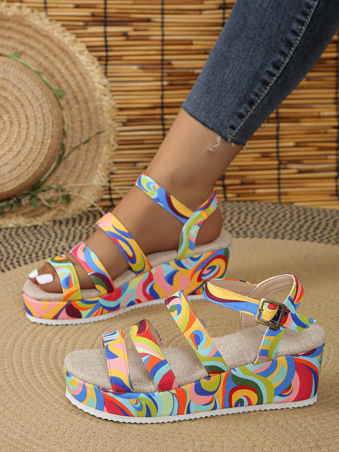 Colorful Peep Toe Buckle Sandals