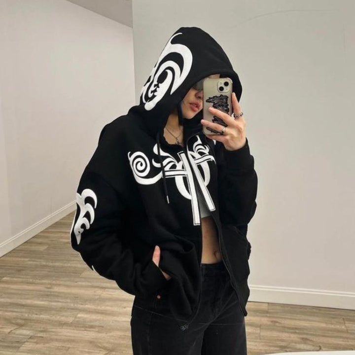 Long Zipper Letter Pattern Printed Hoodie