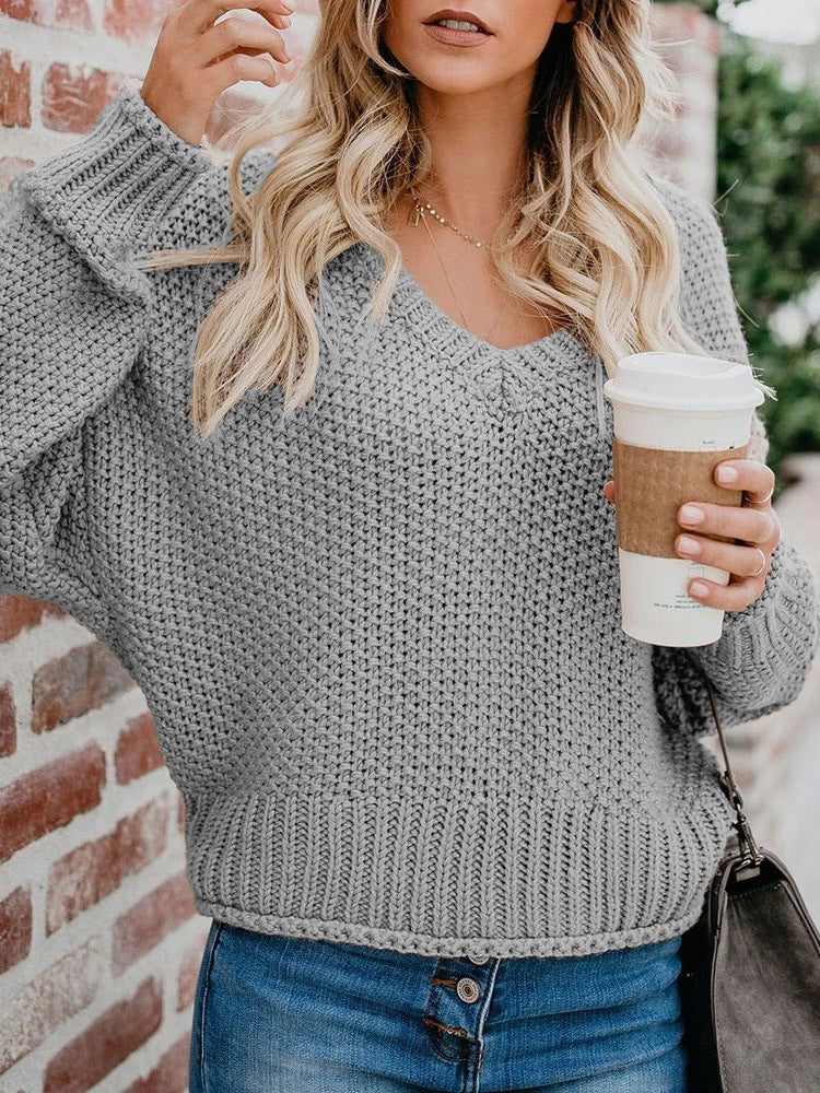 Loose Knit V-Neck Solid Color Pullover