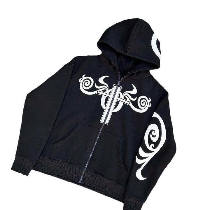 Long Zipper Letter Pattern Printed Hoodie